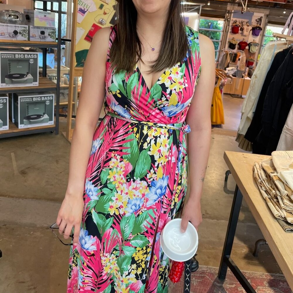 💚 Timing Tropical Floral Maxi Dress | Size M | Pink Green Wrap Style Belted